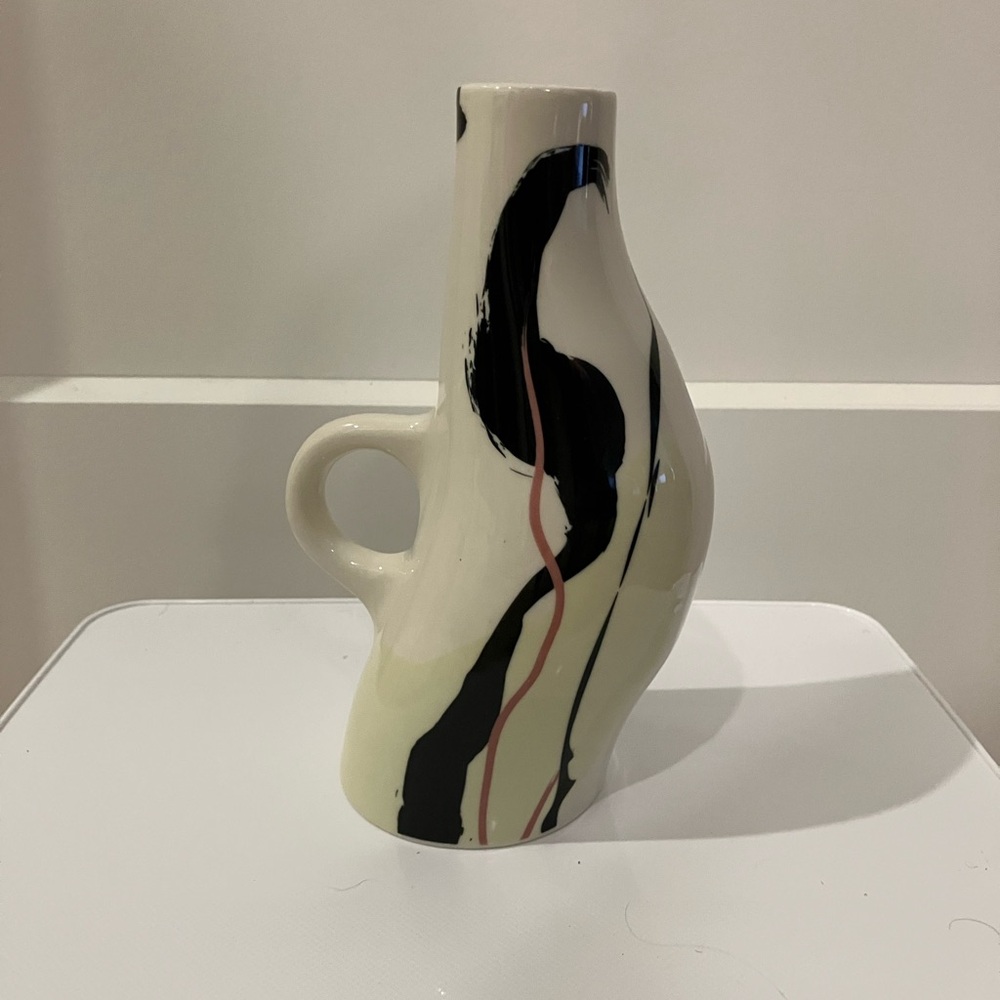 Rachel Joanis OUI Cream and Black Ceramic candlestick holder.